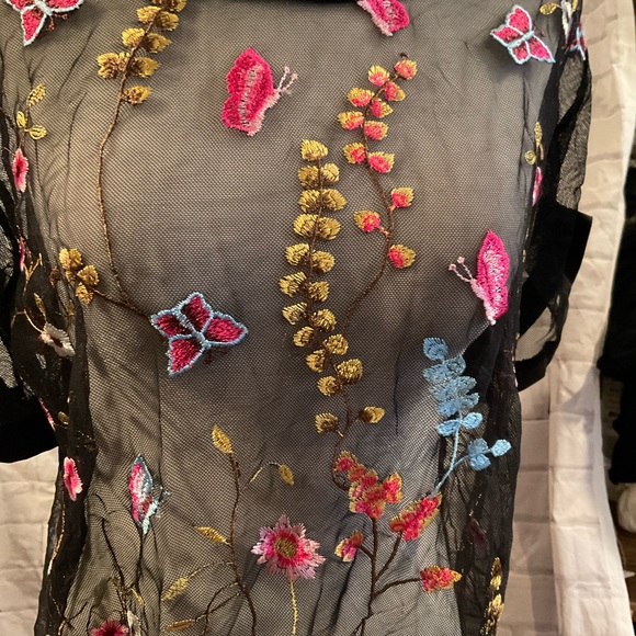 “ EMBROIDERED FLORAL TOP” Sheer Black Netting with Lovely Embroidery. - Picture 3 of 13